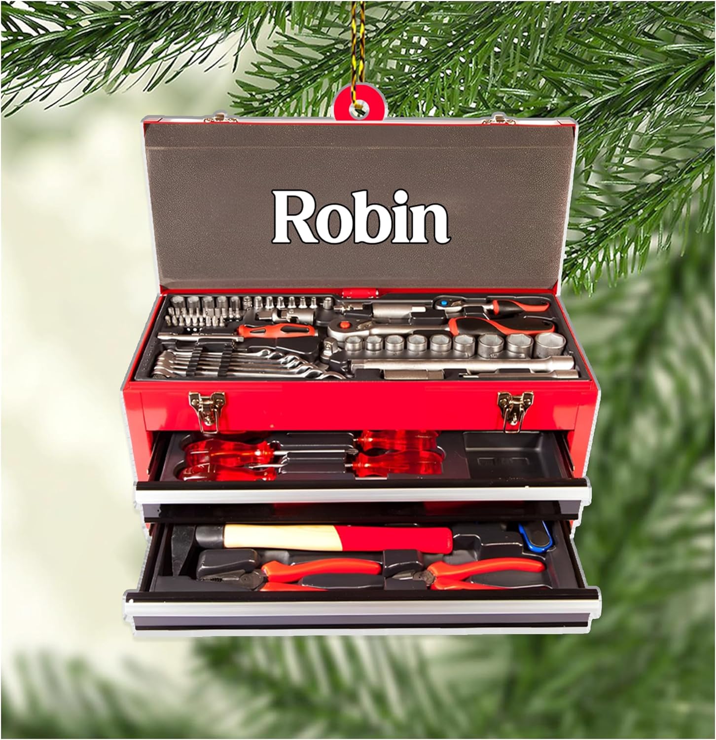 Mechanic Toolbox Personalized Acrylic Ornament – Custom Name Workshop Gift – Unique Christmas Decoration for Handyman, Dad, or Car Lovers