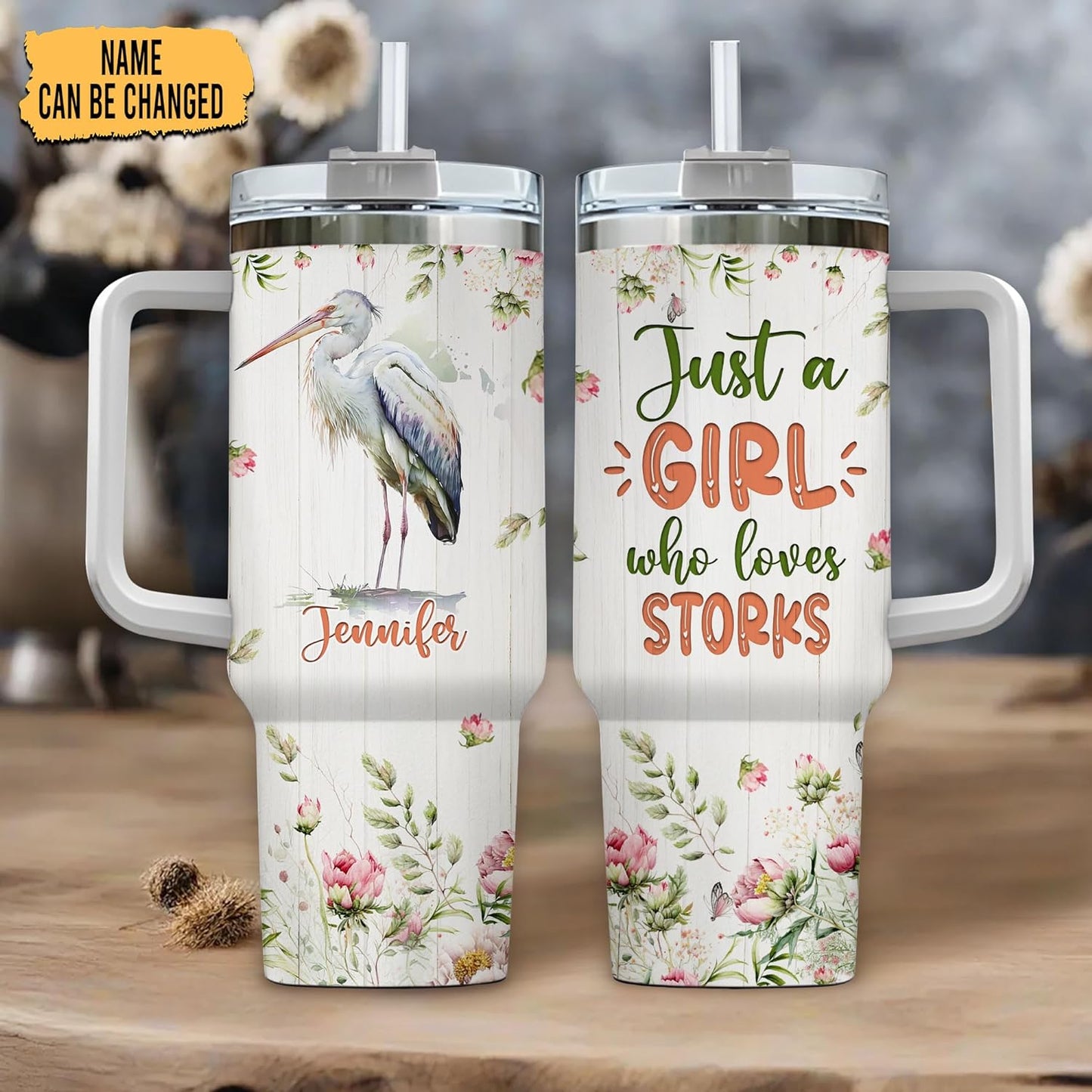 Stork Tumbler 40oz with Handle & Straw – Personalized Stainless Steel Insulated Travel Cup with Lid – Thoughtful Gift for Bird Lovers