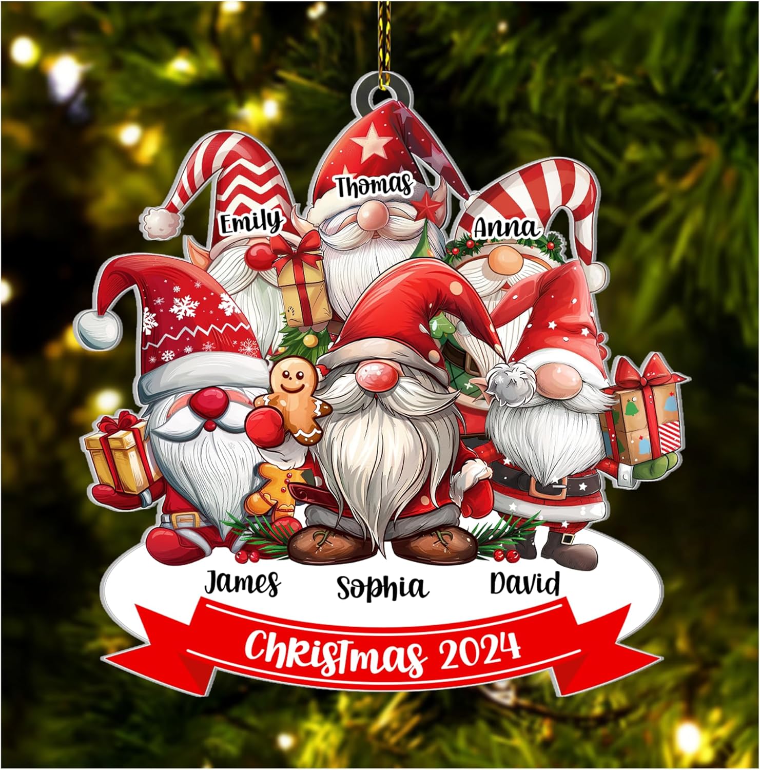Family Gnome Personalized Acrylic Ornament – Custom 2024 Christmas Keepsake – Cute Holiday Gift for Families and Gnome Lovers