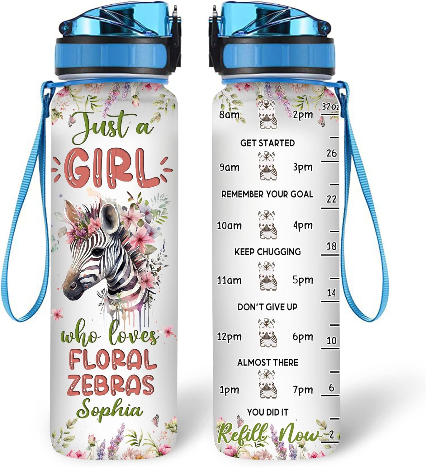Floral Zebra Water Bottle Tracker 32oz Personalized – Stylish Animal Hydration Bottle – Graduation or Birthday Gift for Zebra Lovers