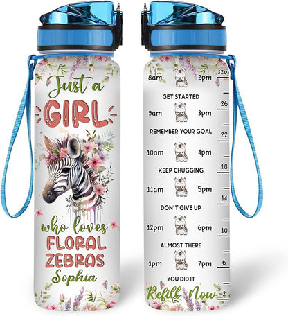 Floral Zebra Water Bottle Tracker 32oz Personalized – Stylish Animal Hydration Bottle – Graduation or Birthday Gift for Zebra Lovers