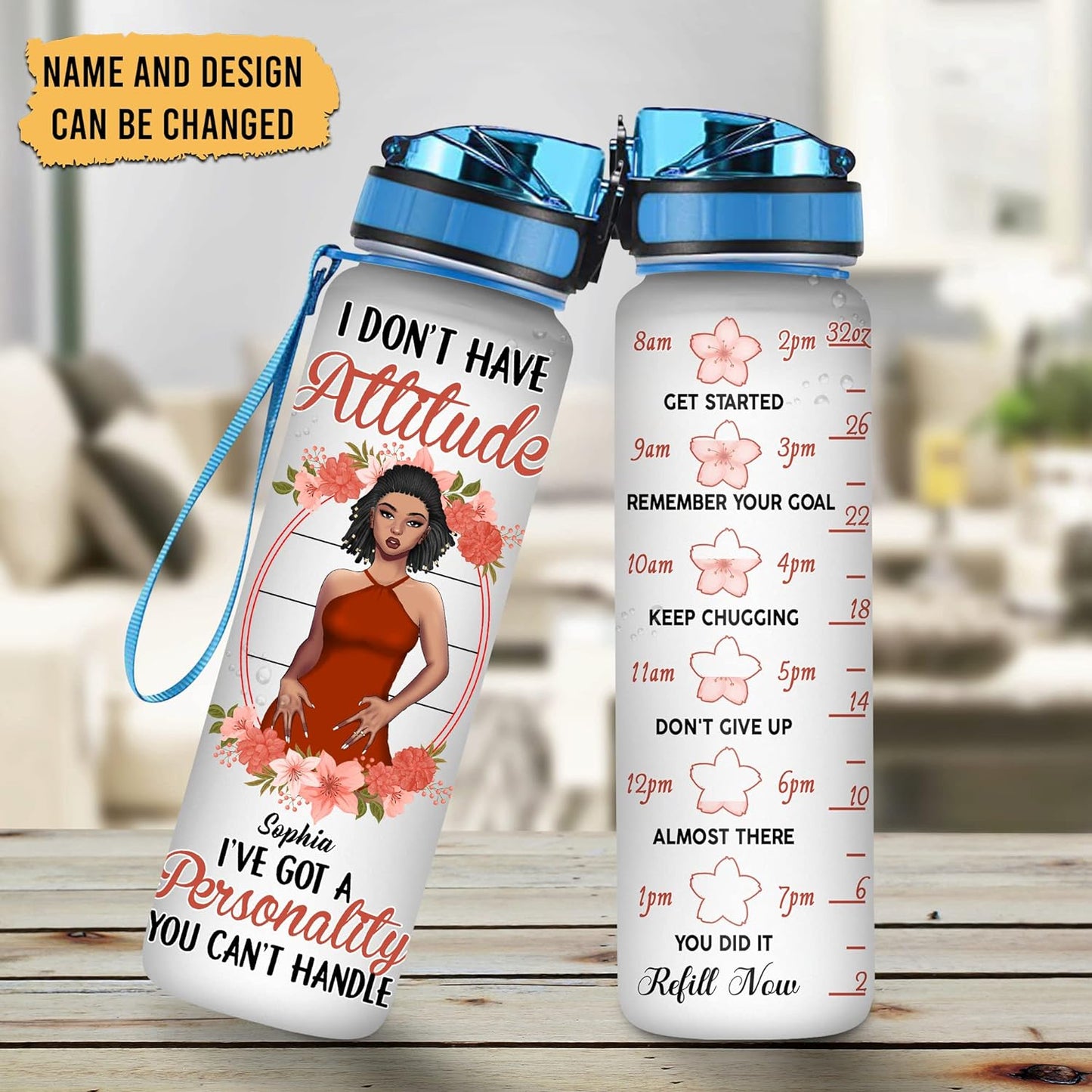 Sassy Attitude Water Bottle Tracker 32oz – Personalized Motivational Bottle with Time Marker – Stylish Gift for Women