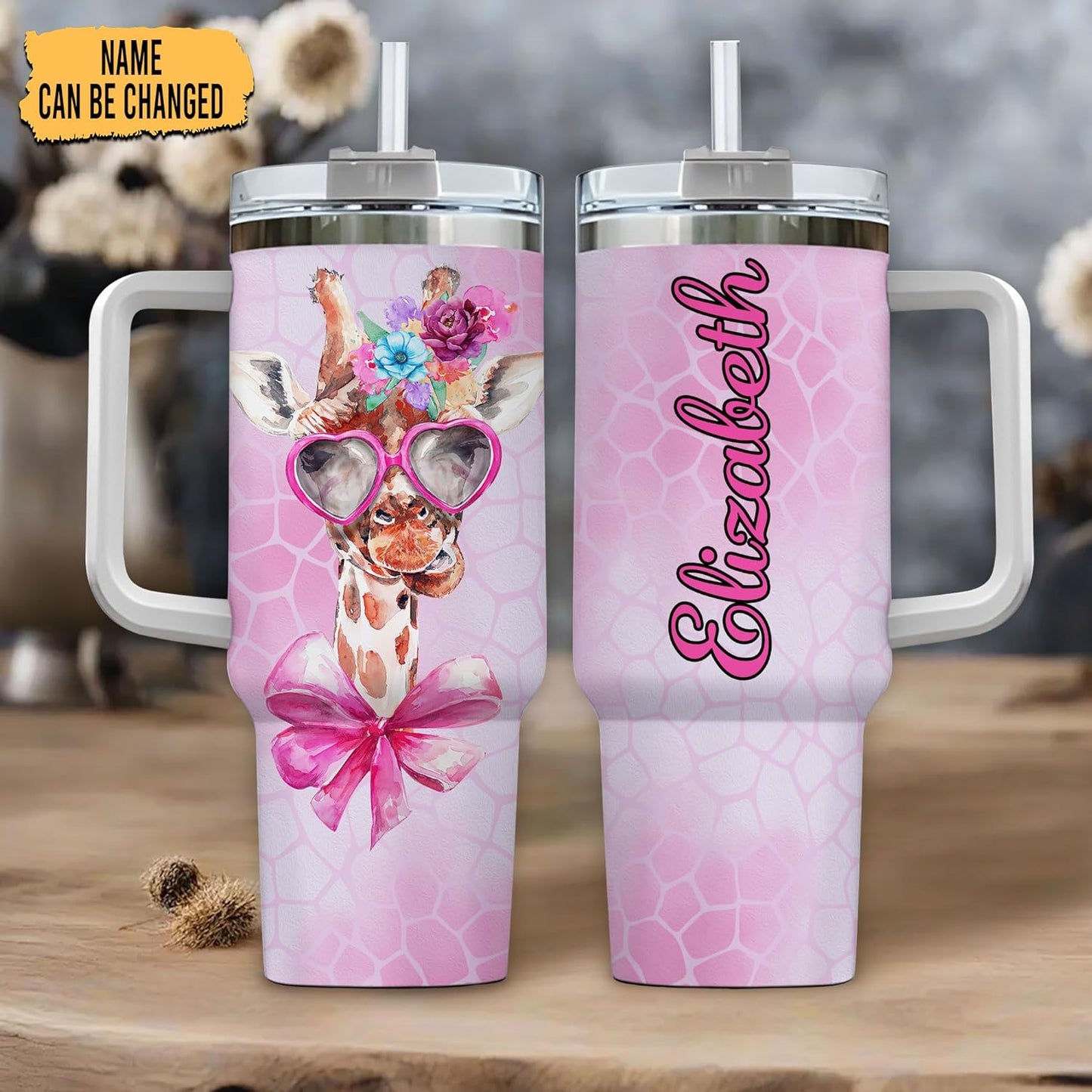 Cute Giraffe Tumbler 40oz – Personalized Stainless Steel Insulated Travel Cup with Handle & Straw – Stylish Gift for Giraffe Lovers