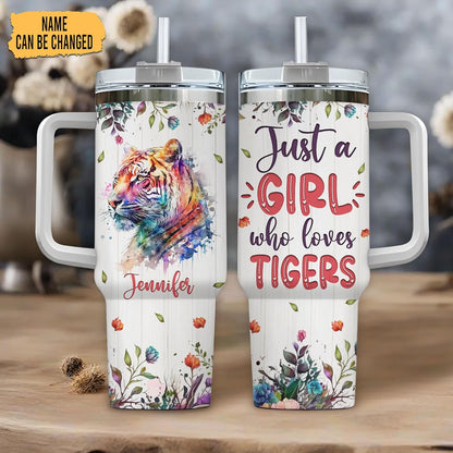 Watercolor Tiger Tumbler 40oz – Personalized Stainless Steel Insulated Cup with Handle & Straw – Artistic Gift for Tiger Lovers