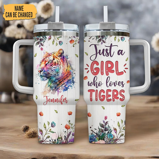 Watercolor Tiger Tumbler 40oz – Personalized Stainless Steel Insulated Cup with Handle & Straw – Artistic Gift for Tiger Lovers