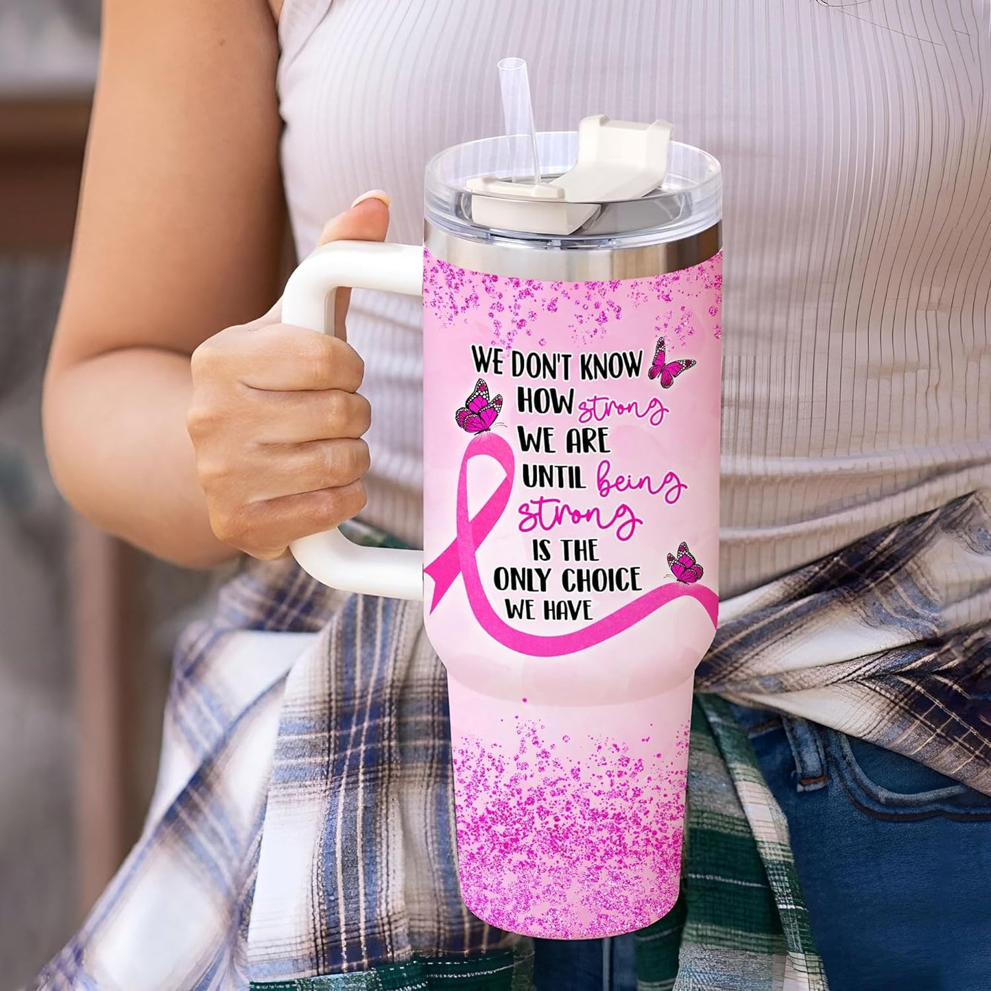 Pink Ribbon Awareness Tumbler 40oz with Handle & Straw – Personalized Stainless Steel Insulated Travel Cup with Lid – Inspirational Gift for Women