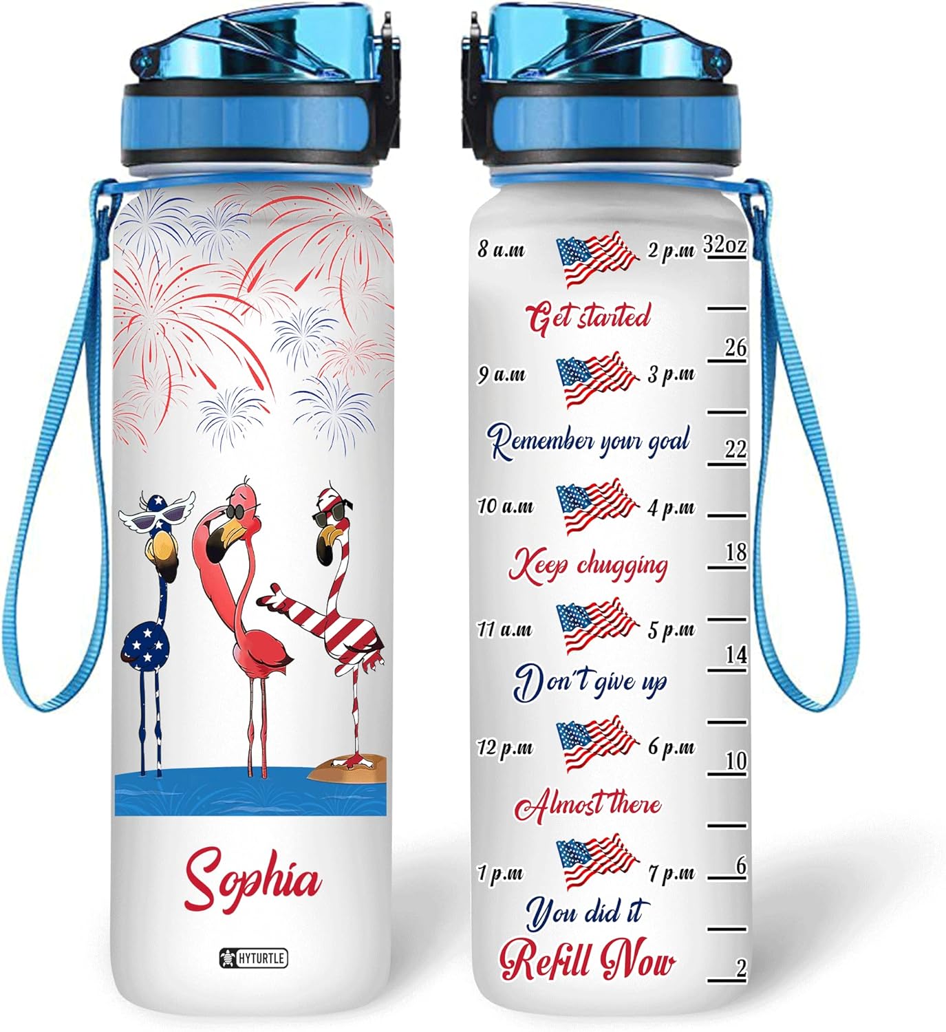 Flamingo American Flag - Personalized Water Tracker Bottle 32oz