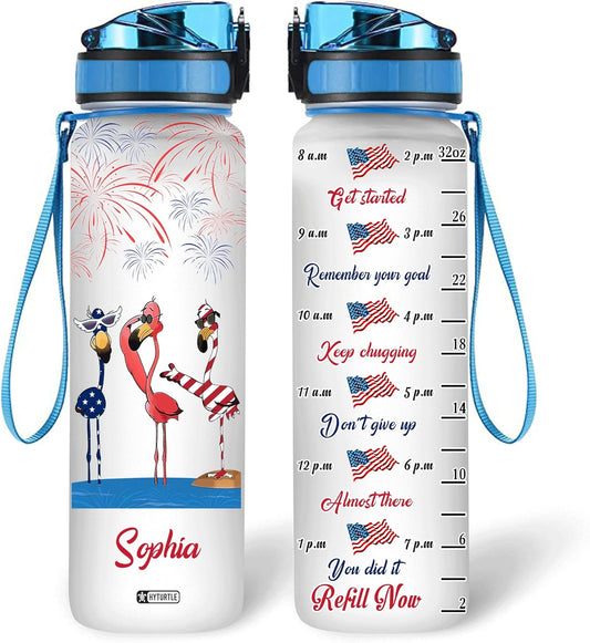 Flamingo American Flag - Personalized Water Tracker Bottle 32oz