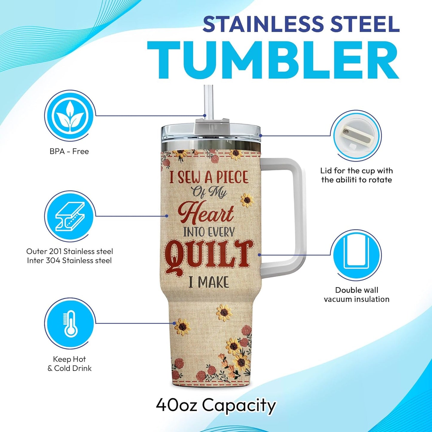 Quilting & Sewing Tumbler 40oz with Handle & Straw – Personalized Stainless Steel Insulated Travel Cup with Lid – Creative Gift for Quilters & Sewing Lovers