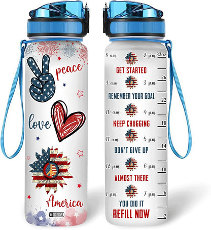 Sunflower American Flag - Water Tracker Bottle 32oz