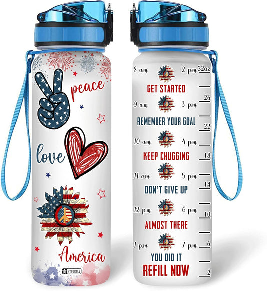 Sunflower American Flag - Water Tracker Bottle 32oz