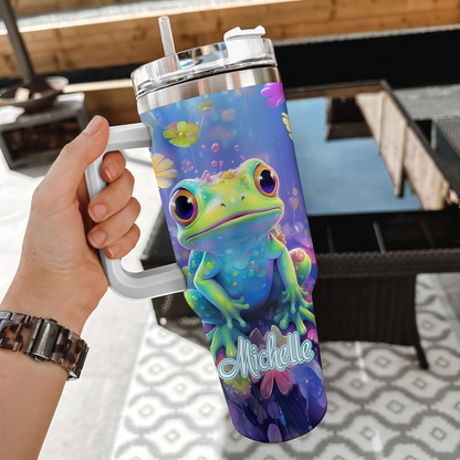 Colorful Frog Tumbler 40oz with Handle & Straw – Personalized Stainless Steel Cup with Lid – Cute Animal Lover Gift for Women & Kids