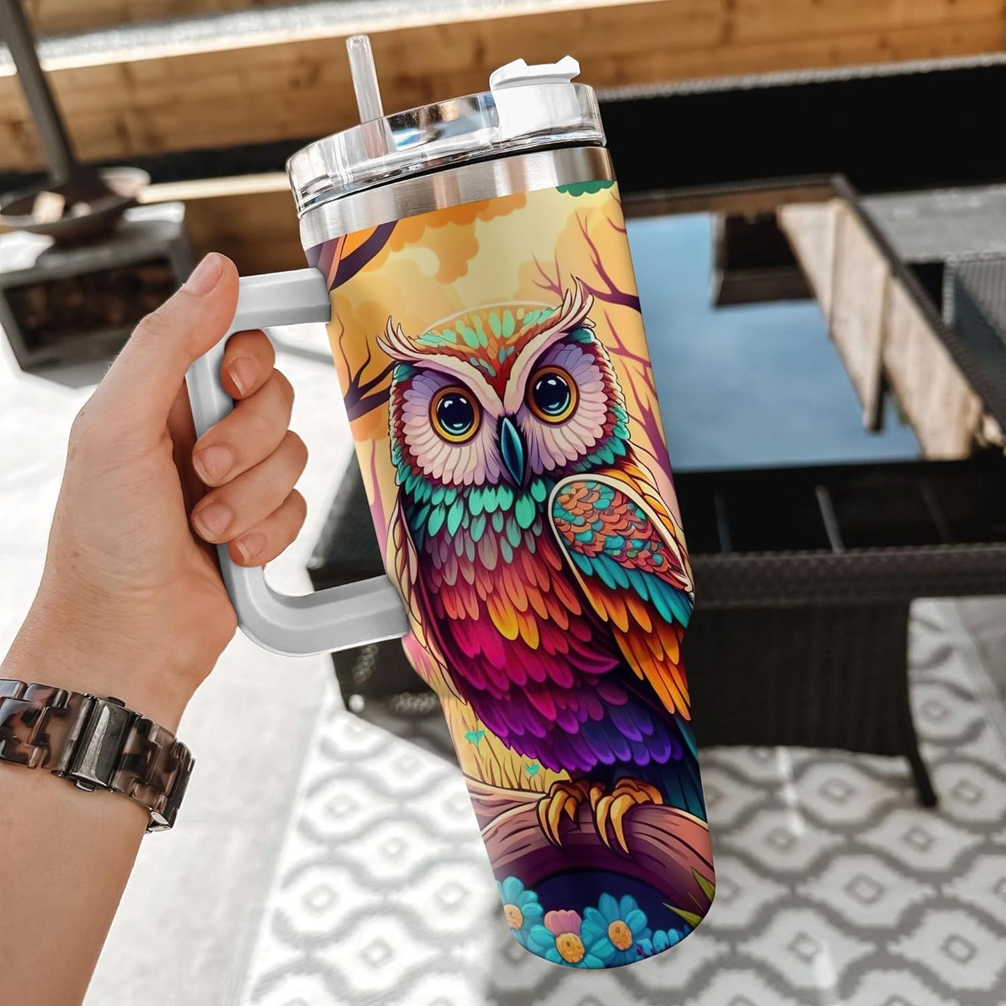 Colorful Owl Tumbler 40oz – Personalized Stainless Steel Insulated Travel Cup with Handle & Straw – Artistic Gift for Owl Lovers