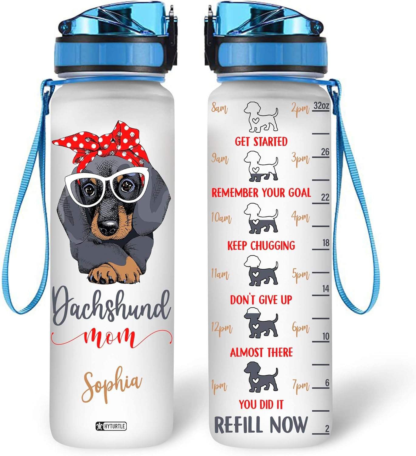 Dachshund Mom Water Bottle Tracker 32oz Personalized – Dog Lover Hydration Bottle – Mother’s Day or Birthday Gift for Dachshund Moms