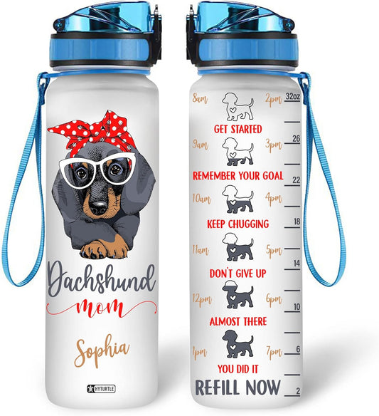 Dachshund Mom Water Bottle Tracker 32oz Personalized – Dog Lover Hydration Bottle – Mother’s Day or Birthday Gift for Dachshund Moms