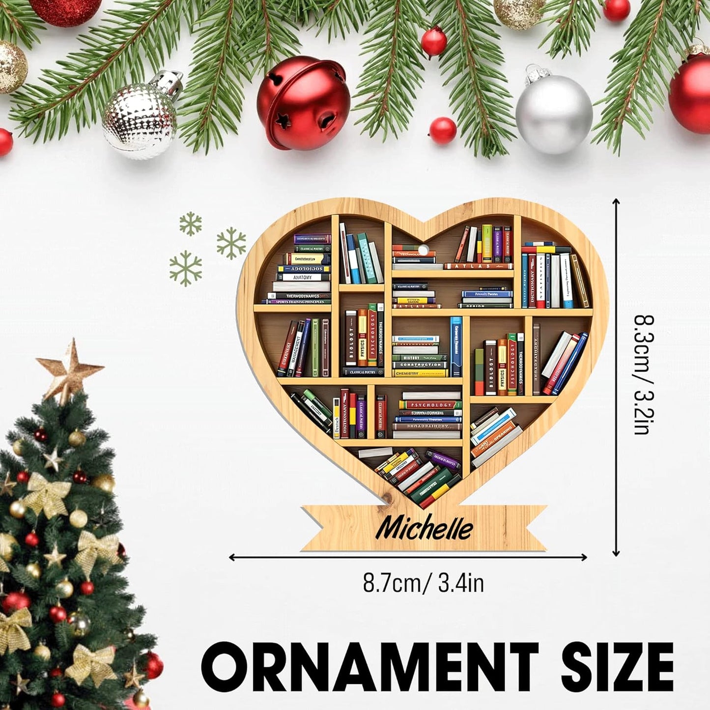 Heart-Shaped Bookshelf Wood Ornament – Personalized Christmas Gift for Librarian, Teacher, or Book Lover