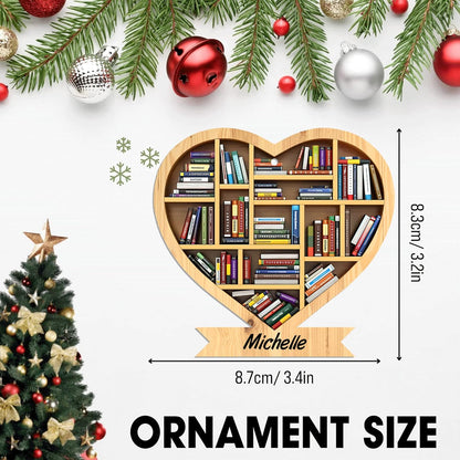 Heart-Shaped Bookshelf Wood Ornament – Personalized Christmas Gift for Librarian, Teacher, or Book Lover