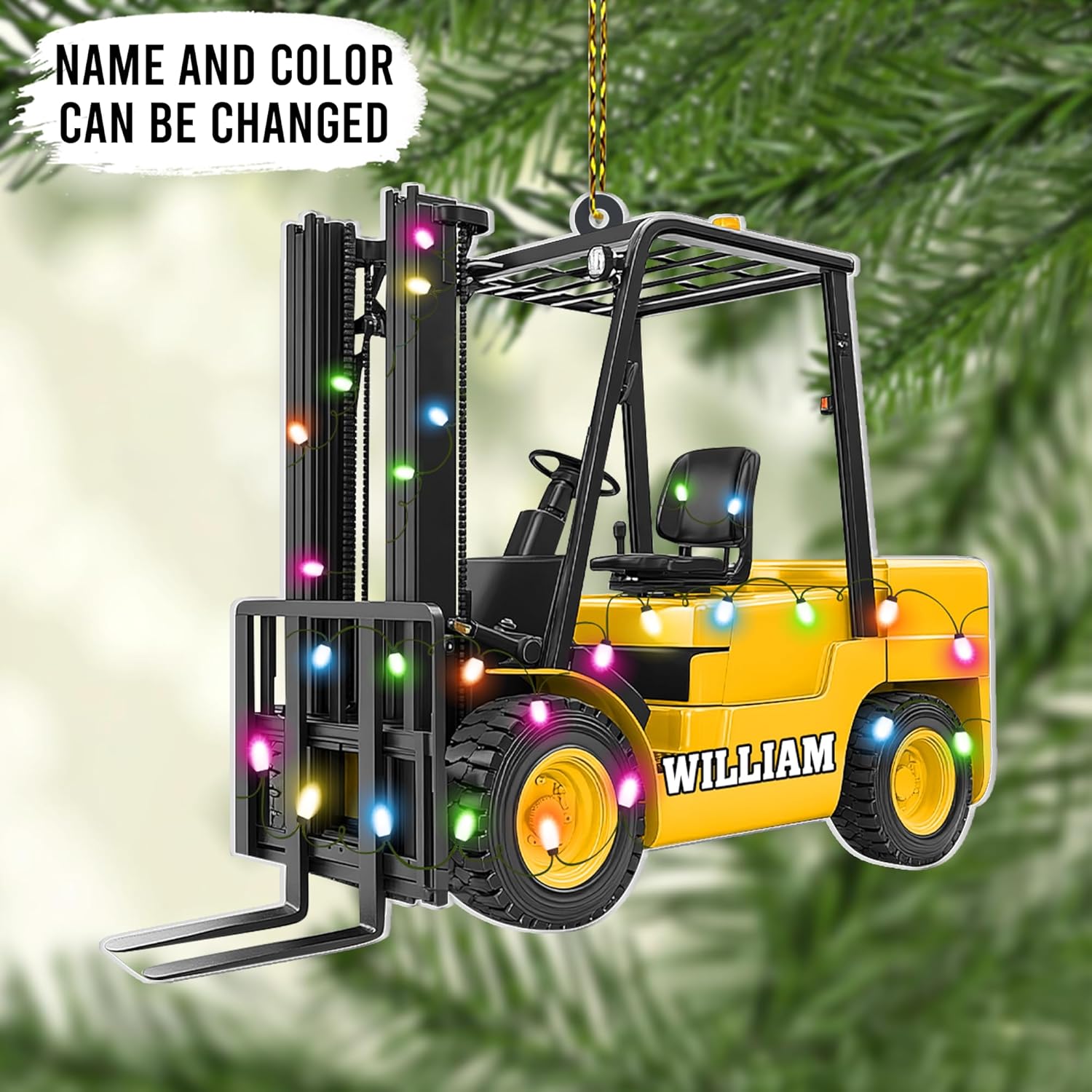 Forklift truck lights cut acrylic ornament – personalized 2D flat silhouette, custom name Christmas gift for warehouse worker, operator or logistics pro