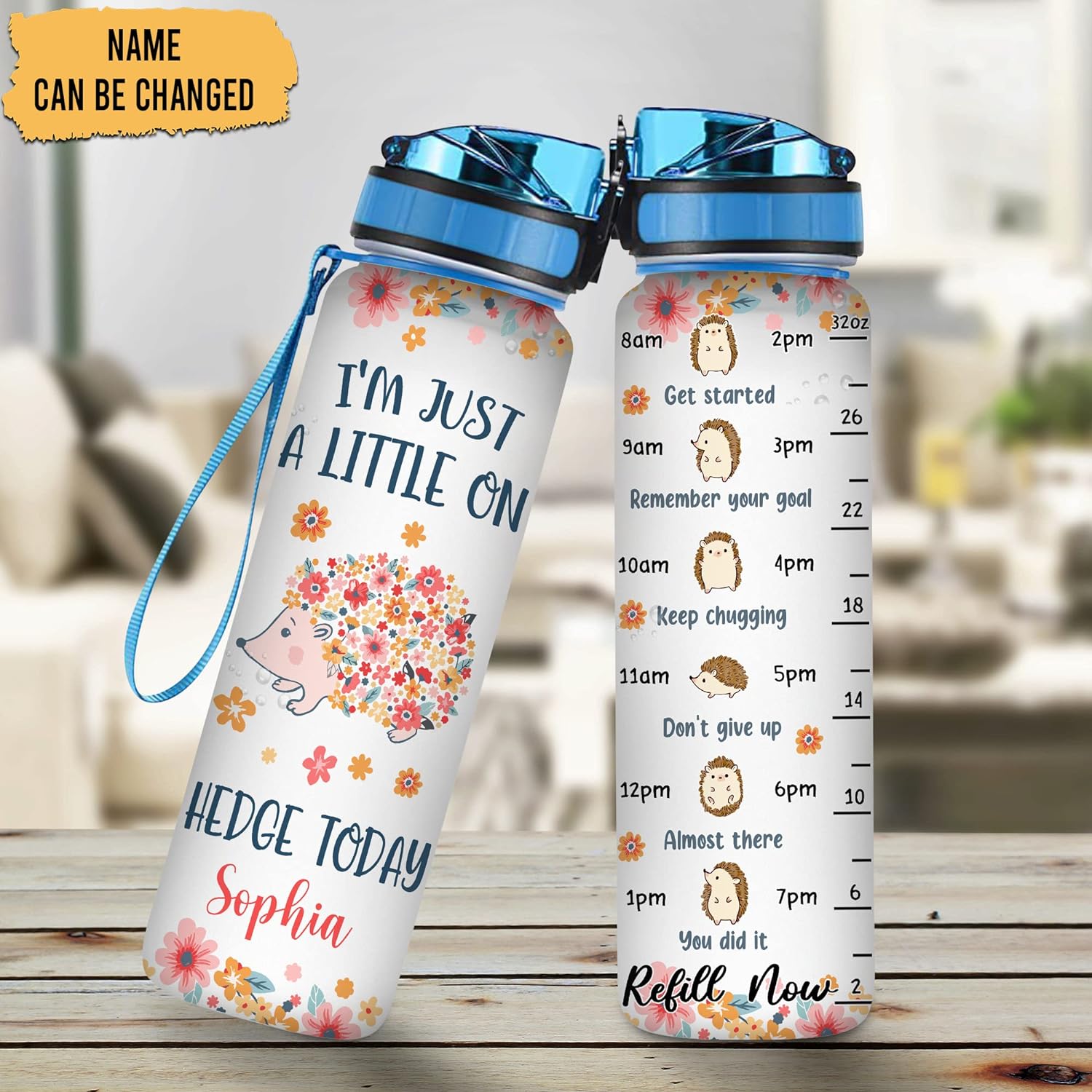 Hedgehog “I’m Just A Little On Hedge Today” Water Bottle Tracker 32oz – Personalized Motivational Bottle with Time Marker – Cute Gift for Hedgehog Lovers