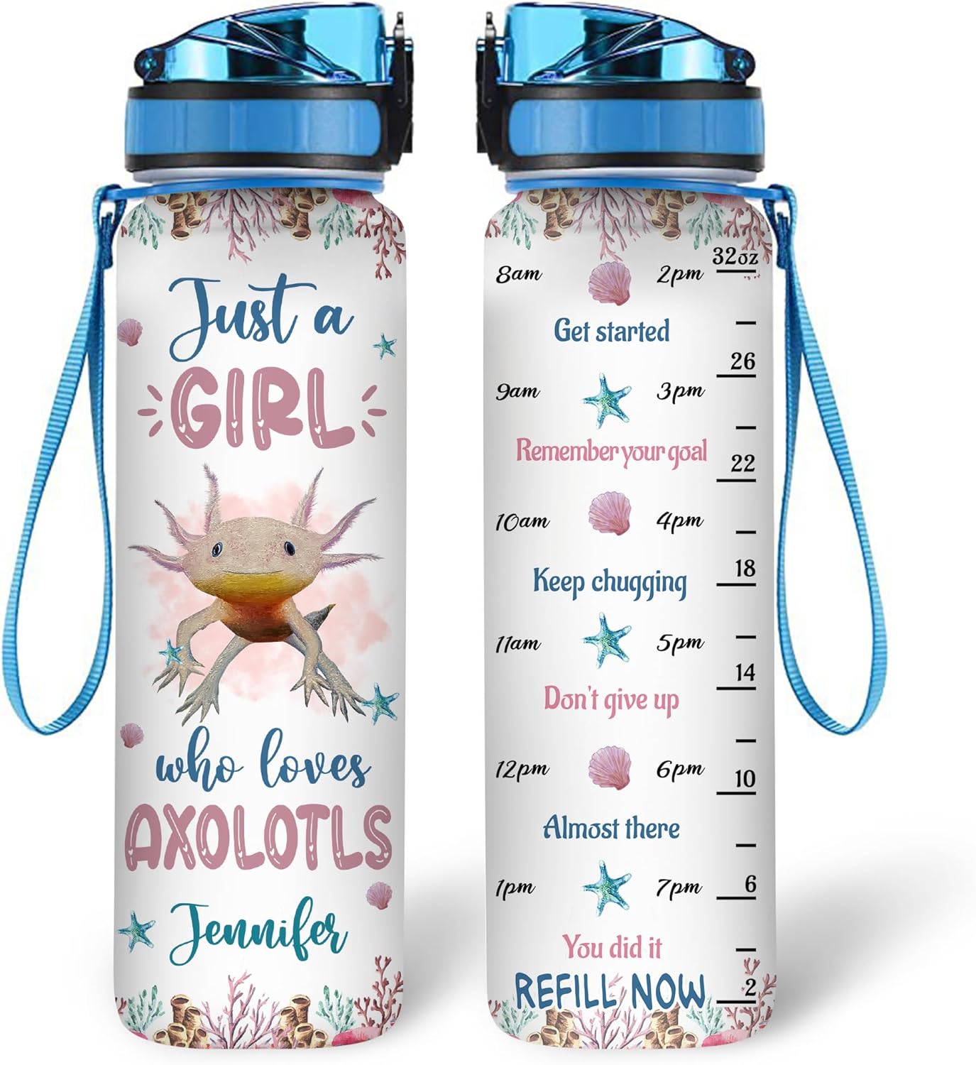 Axolotl Lovers Water Bottle Tracker 32oz Personalized – Cute Sea Creature Motivational Bottle with Time Marker – Unique Gift for Women