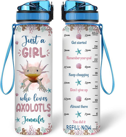 Axolotl Lovers Water Bottle Tracker 32oz Personalized – Cute Sea Creature Motivational Bottle with Time Marker – Unique Gift for Women