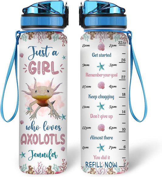 Axolotl Lovers Water Bottle Tracker 32oz Personalized – Cute Sea Creature Motivational Bottle with Time Marker – Unique Gift for Women