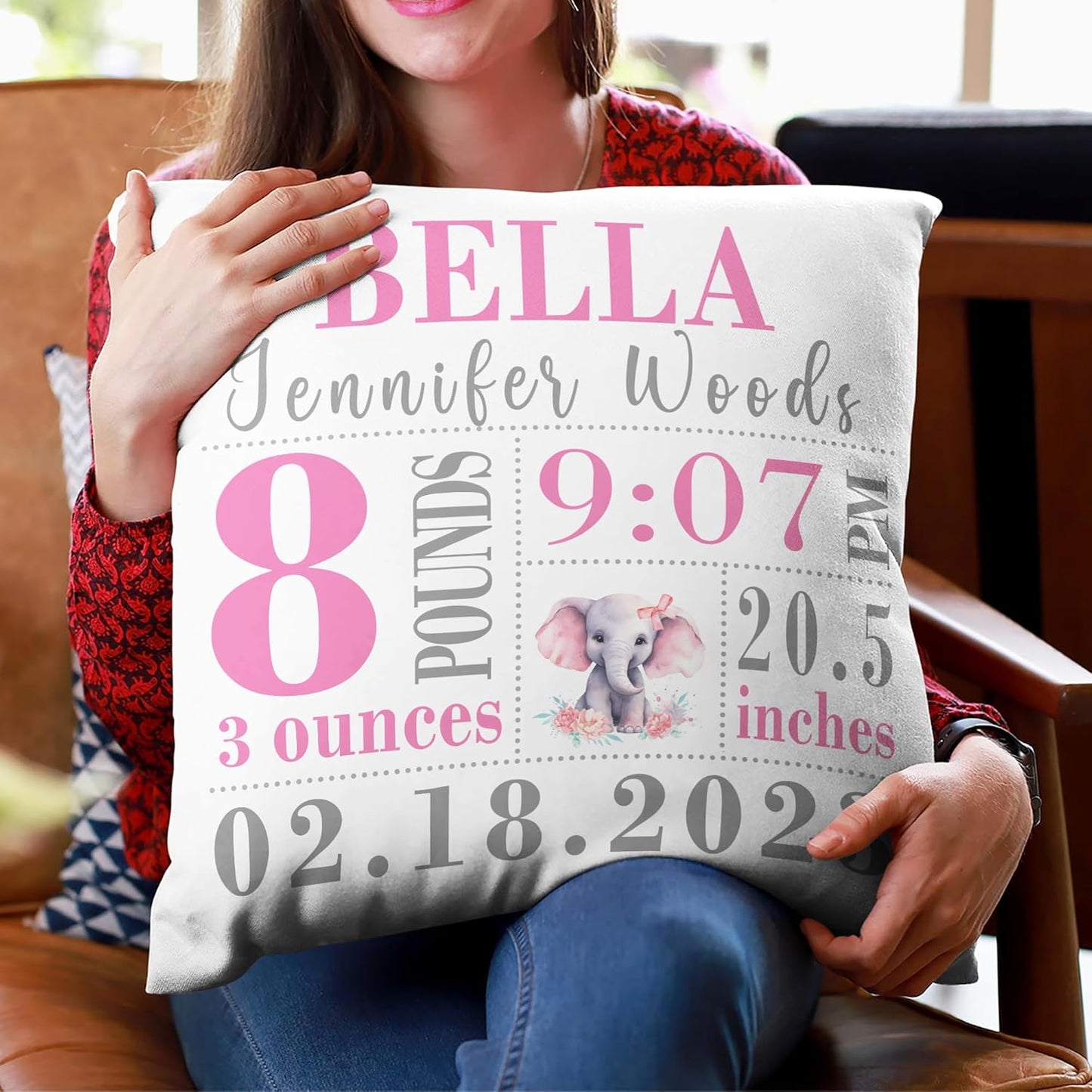 Baby Elephant Birth Stats Personalized Pillow with Insert – Custom Nursery Cushion – New Baby Girl Keepsake Gift for Parents