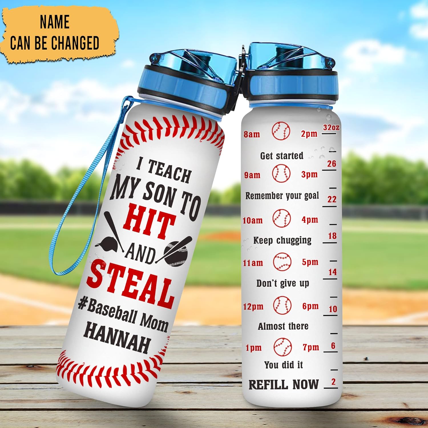 Baseball Mom Water Bottle Tracker 32oz – Personalized Sports Hydration Bottle with Time Marker – Gift for Baseball Moms