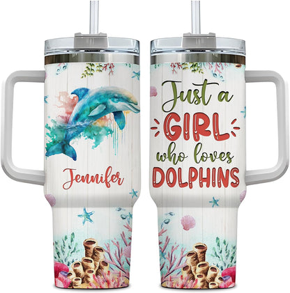 Watercolor Dolphin 40oz Tumbler with Handle & Straw – Personalized Stainless Steel Insulated Travel Cup with Lid – Unique Gift for Ocean Lovers