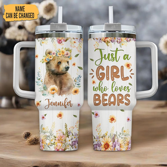 Bear Lover Tumbler 40oz – Personalized Stainless Steel Insulated Cup with Handle & Straw – Woodland Theme Travel Mug Gift for Women
