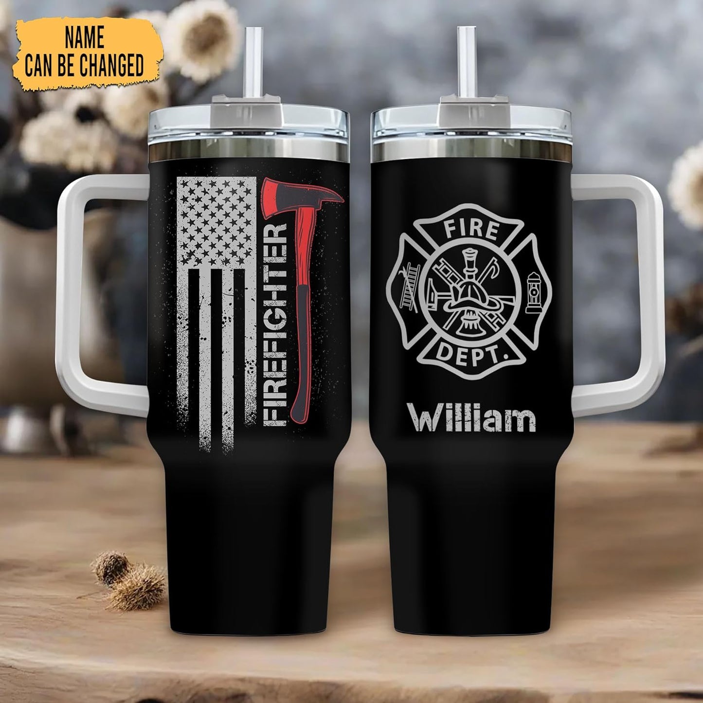Firefighter Department Tumbler 40oz with Handle & Straw – Personalized Stainless Steel Insulated Travel Cup with Lid – Thoughtful Gift for Firefighter Dads