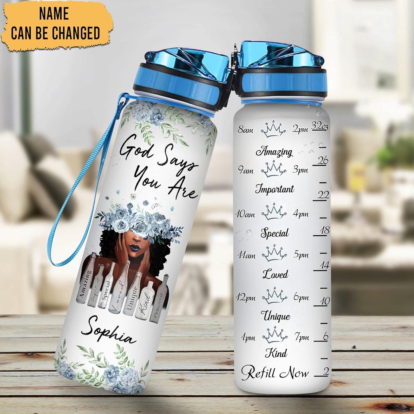 God Says You Are Water Bottle Tracker 32oz – Personalized African American Motivational Bottle with Time Marker – Inspirational Gift for Women