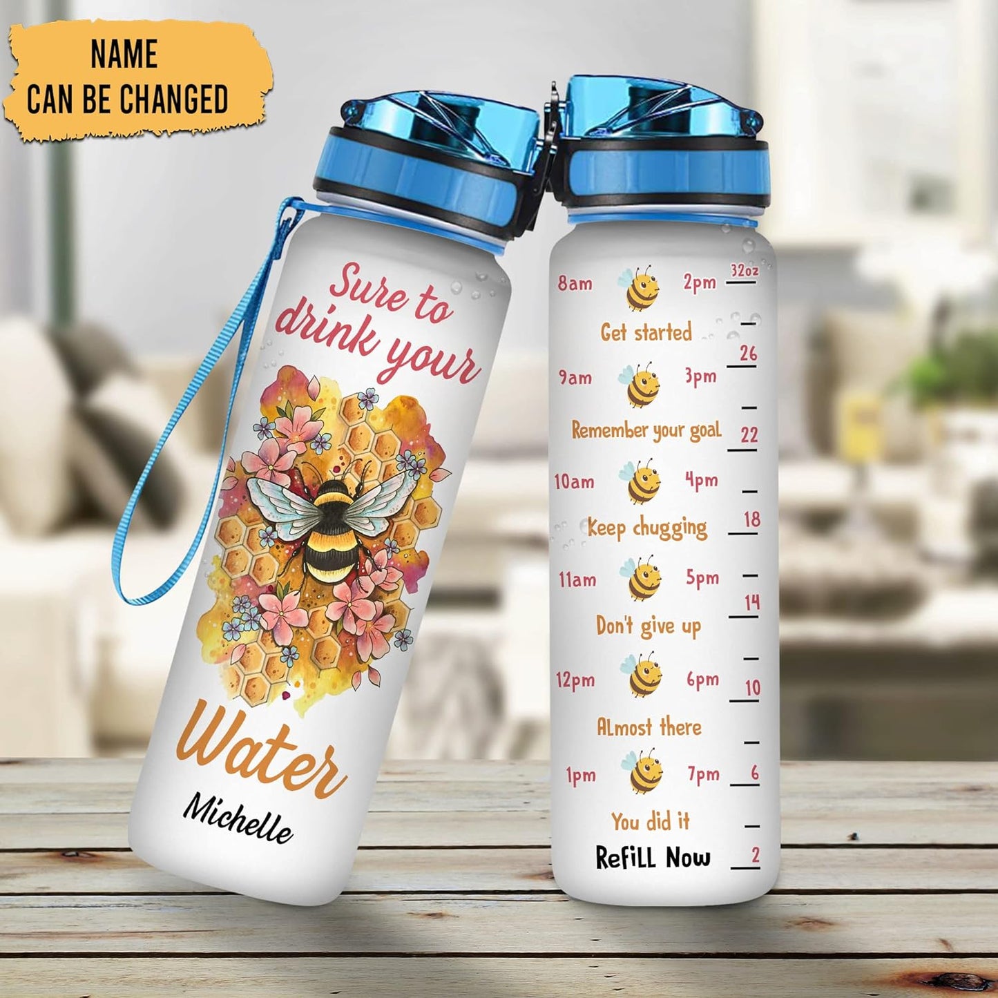 Bee Lovers Water Bottle Tracker 32oz – Personalized Daily Bottle with Time Marker – Cute Animal Gift for Women Girls