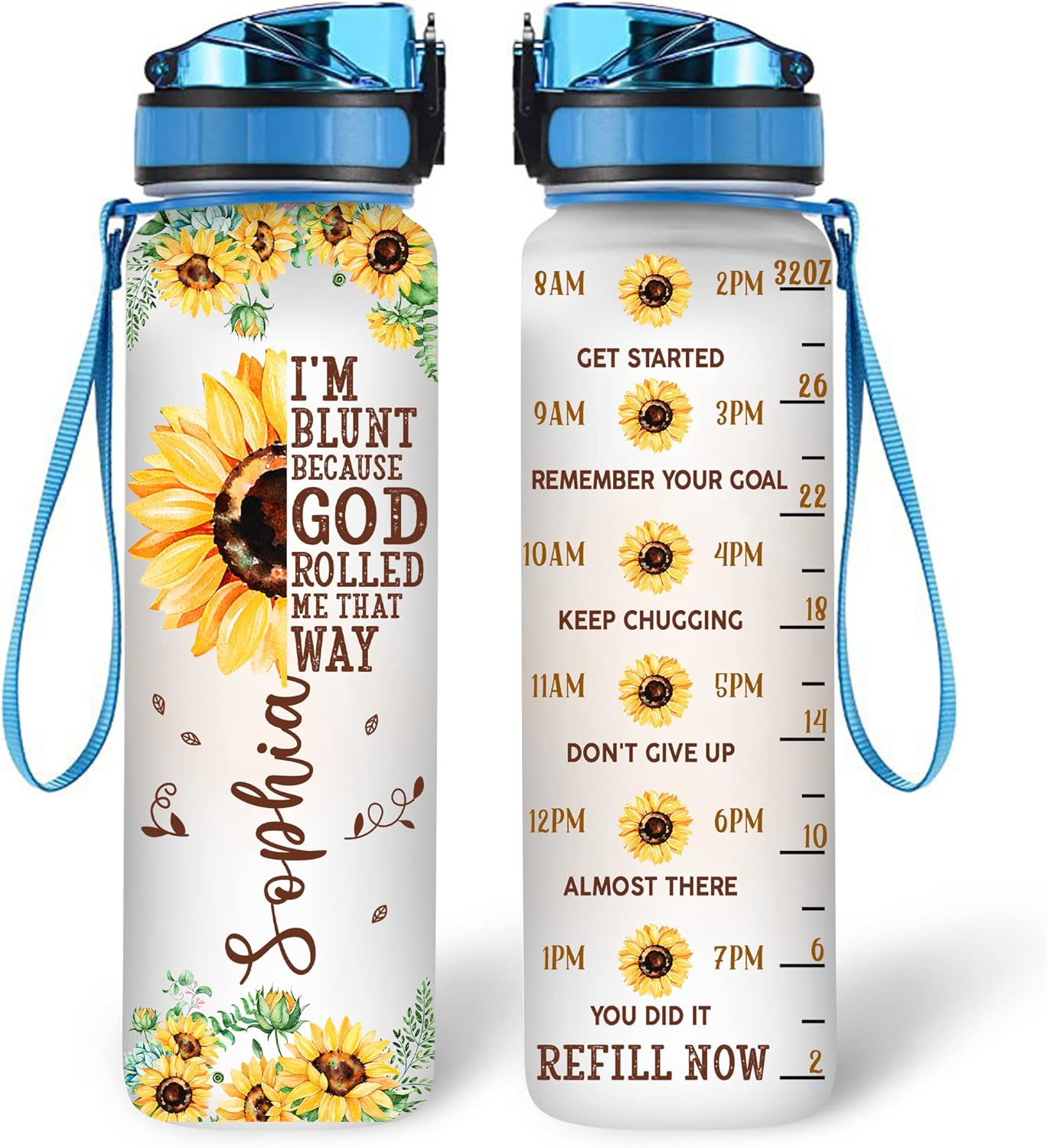 Sunflower Faith Quote Water Bottle Tracker 32oz – Personalized Motivational Water Bottle with Time Marker & Strap – Inspirational Gift for Women