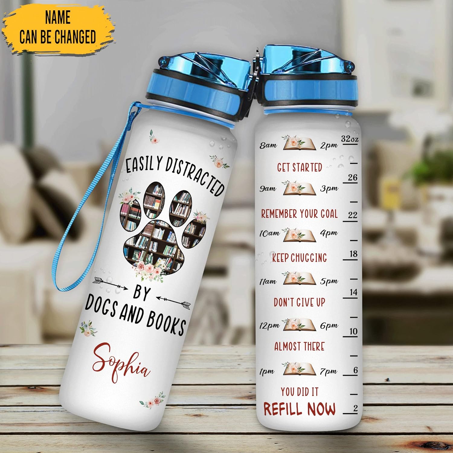 Easily Distracted By Dogs And Books - Personalized Water Tracker Bottle 32oz