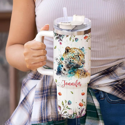Leopard Watercolor Tumbler 40oz – Personalized Stainless Steel Insulated Cup with Handle & Straw – Stylish Gift for Leopard Lovers