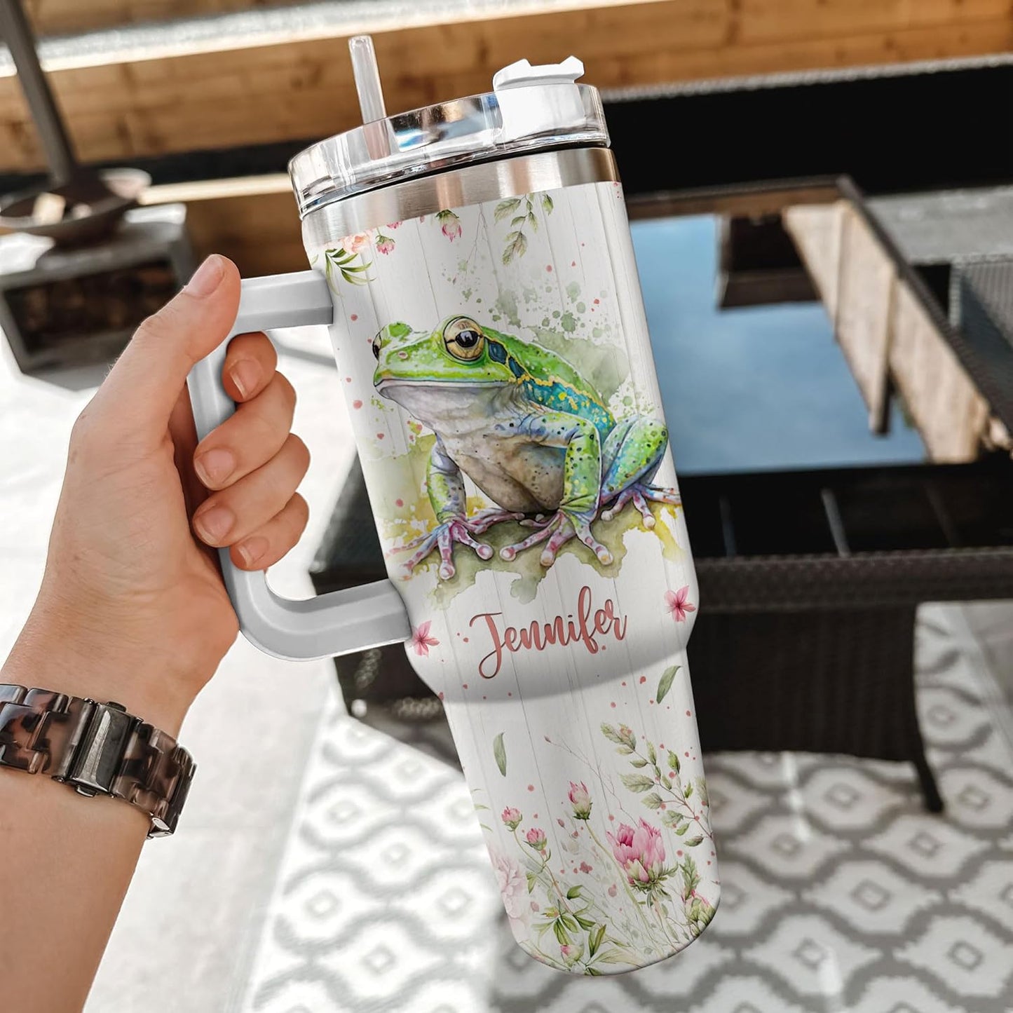 Frog Garden Tumbler 40oz – Personalized Stainless Steel Insulated Cup with Handle & Straw – Fun Gift for Frog Lovers