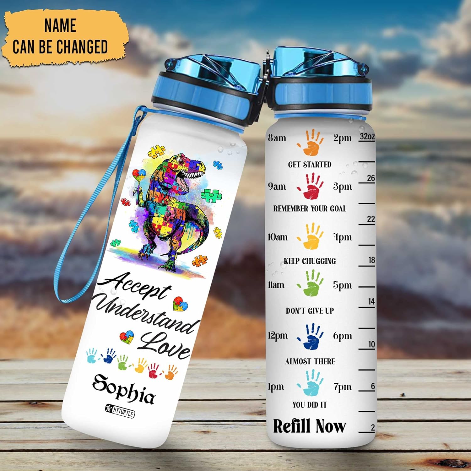 Dinosaur Autism Theme - Personalized Water Tracker Bottle 32oz