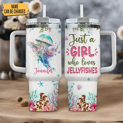 Watercolor Jellyfish 40oz Tumbler with Handle & Straw – Personalized Stainless Steel Insulated Travel Cup with Lid – Stylish Gift for Sea Life Lovers