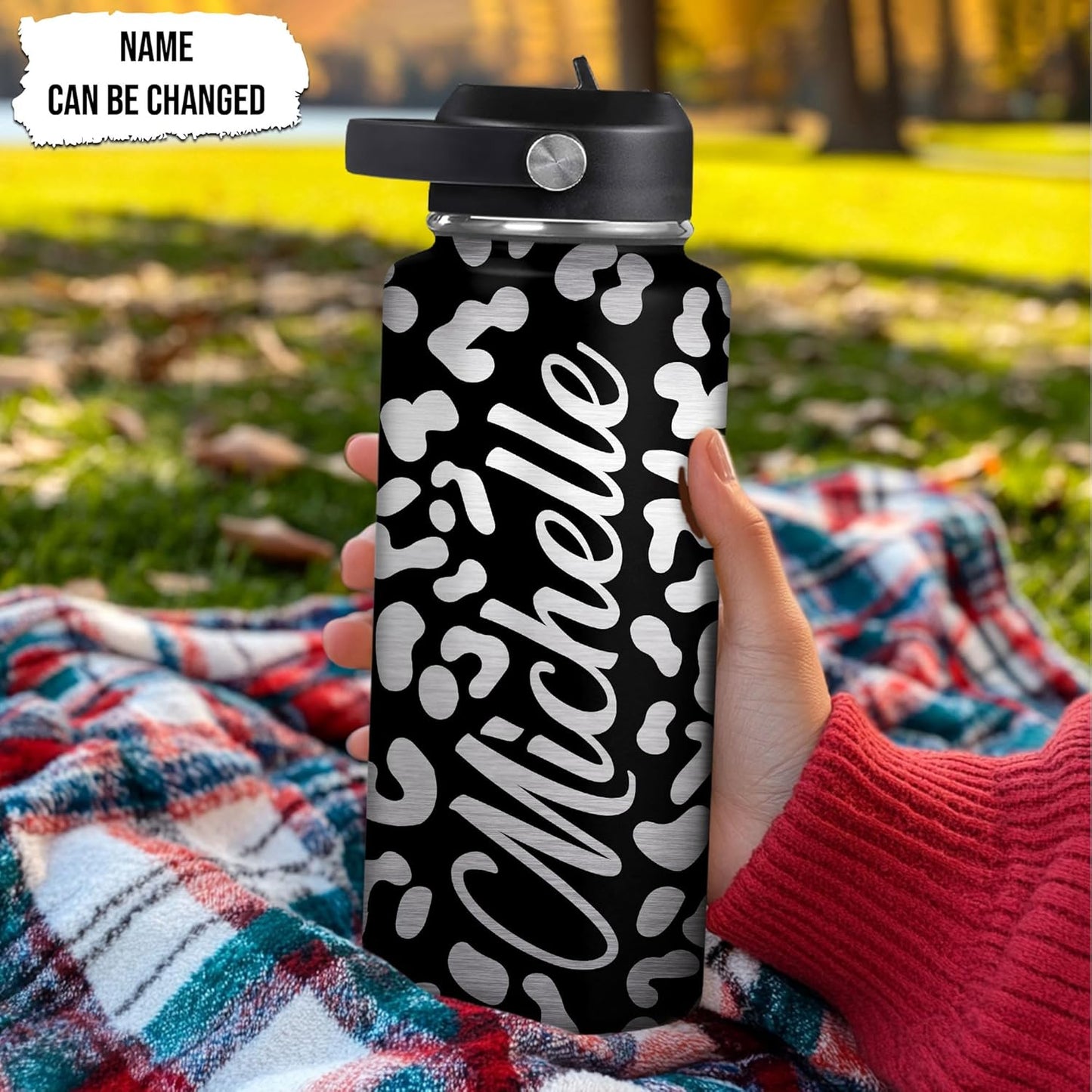 Silver Leopard Print Water Bottle 32oz – Personalized Stainless Steel Insulated Bottle with Leak-Proof Lid – Stylish Gift for Animal Print Lovers