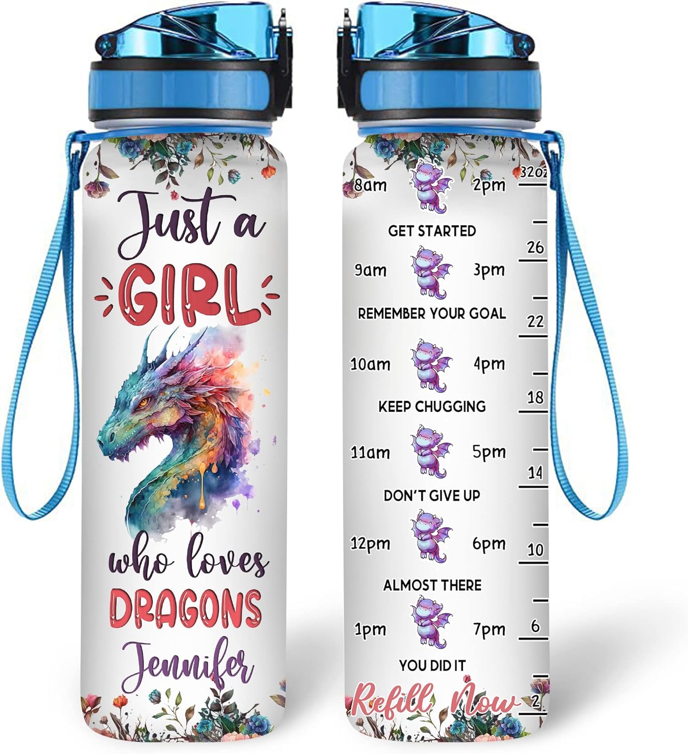 Dragon Lovers Water Bottle Tracker 32oz – Personalized Motivational Bottle with Time Marker – Unique Gift for Fantasy Fans