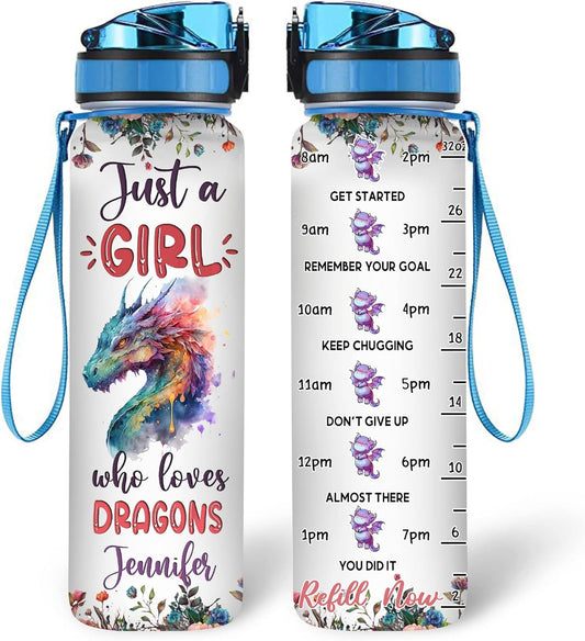 Dragon Lovers Water Bottle Tracker 32oz – Personalized Motivational Bottle with Time Marker – Unique Gift for Fantasy Fans