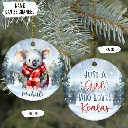 Koala in Scarf Winter Forest Ceramic Circle Ornament – Personalized Christmas Gift for Koala Lover, Wildlife Fan or Nature-Themed Decor