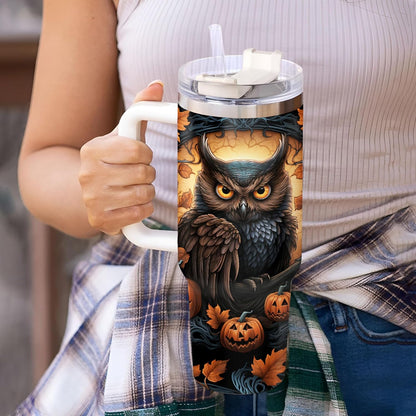 Halloween Owl Tumbler 40oz with Handle & Straw – Personalized Stainless Steel Insulated Cup with Lid – Spooky Gift for Owl Lovers