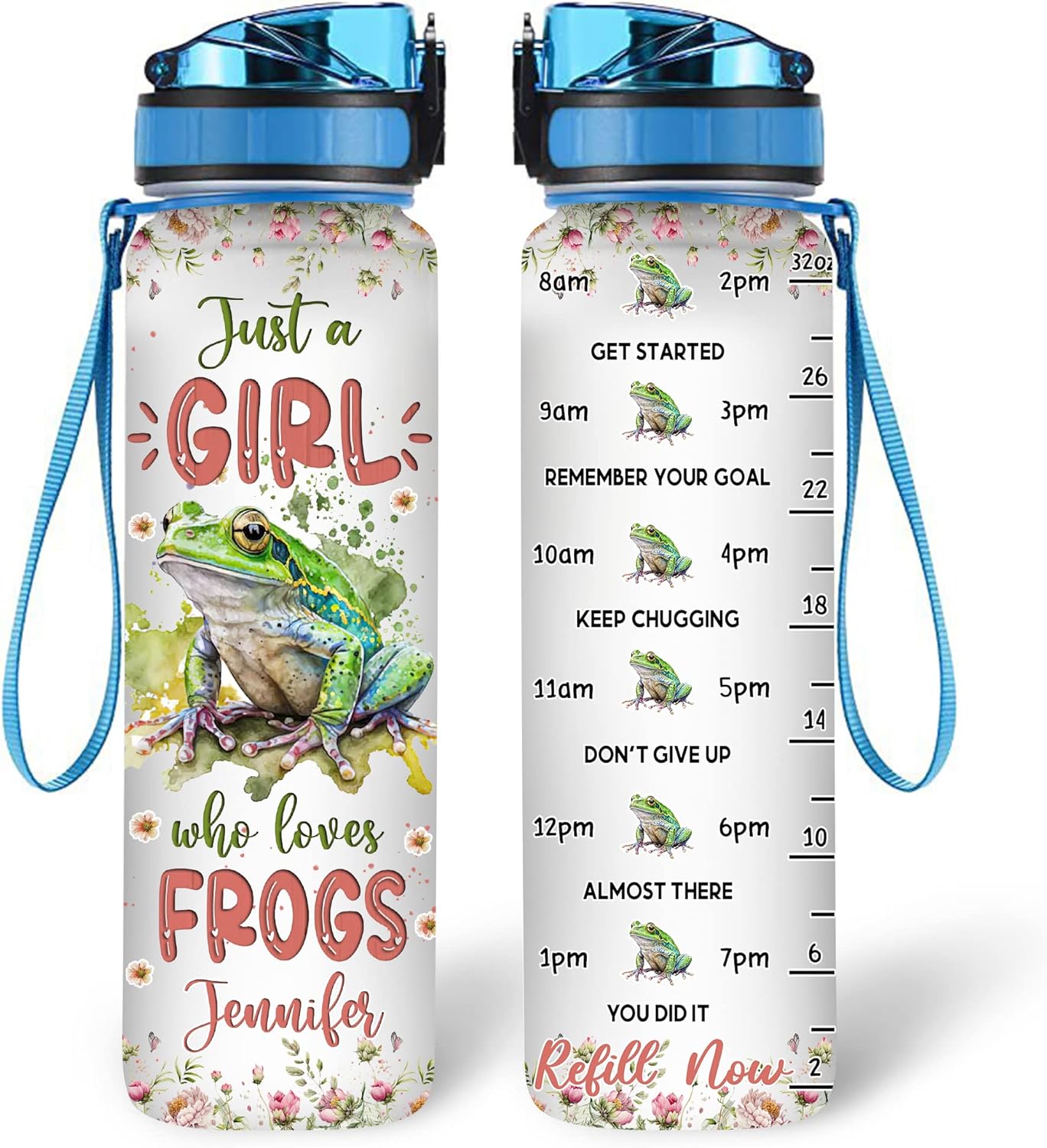 Frog Lover Water Bottle Tracker 32oz Personalized – Cute Amphibian Design Hydration Bottle with Time Marker – Fun Gift for Women Girls