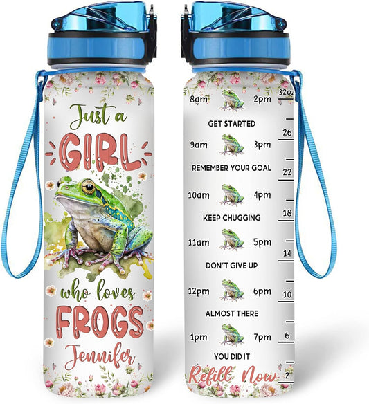 Frog Lover Water Bottle Tracker 32oz Personalized – Cute Amphibian Design Hydration Bottle with Time Marker – Fun Gift for Women Girls