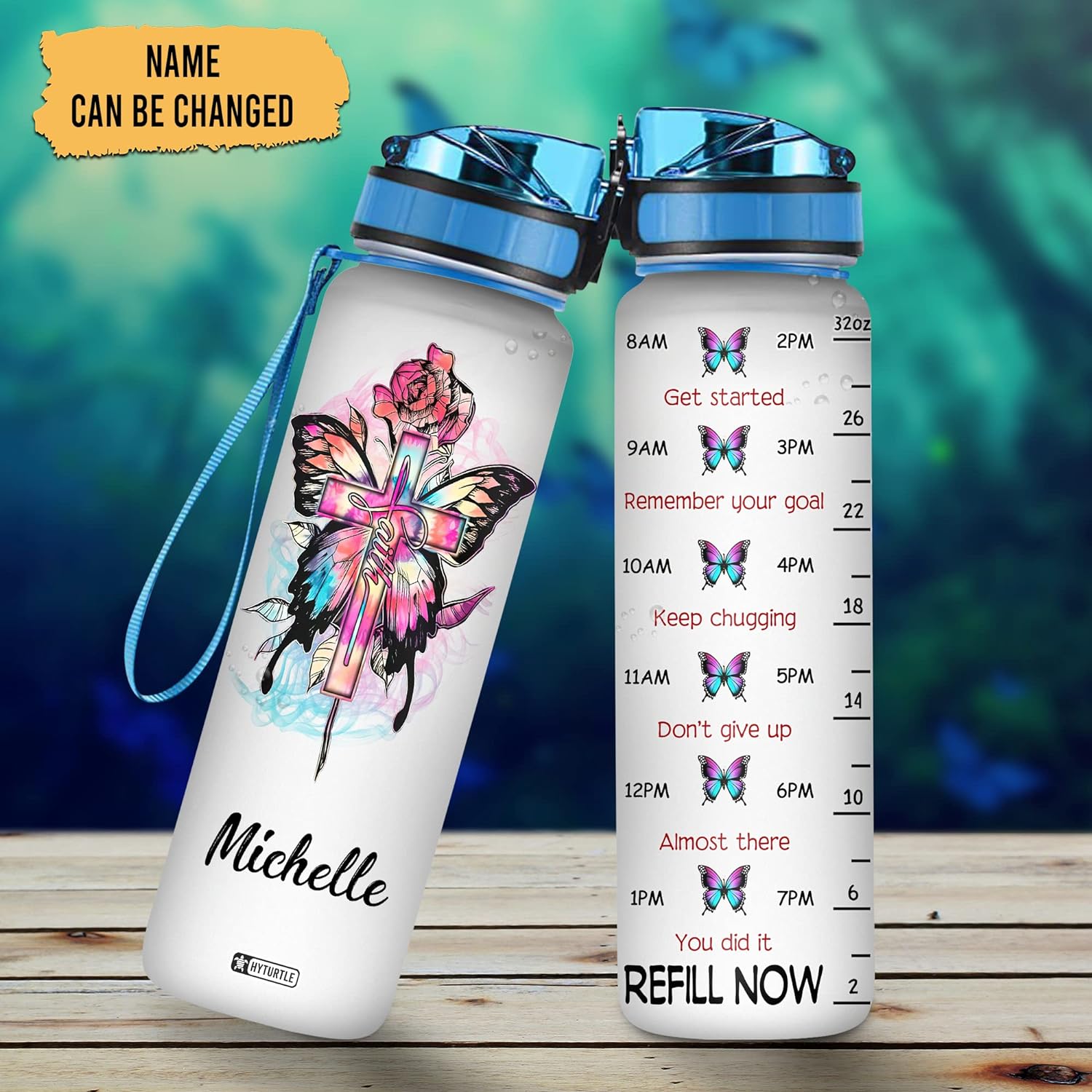 Butterfly Pattern Bottle - Personalized Water Tracker Bottle 32oz