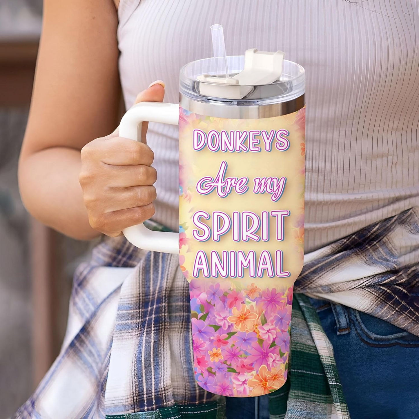 Donkey Tumbler 40oz with Handle & Straw – Personalized Stainless Steel Cup with Lid – Cute Farm Animal Gift for Women & Kids