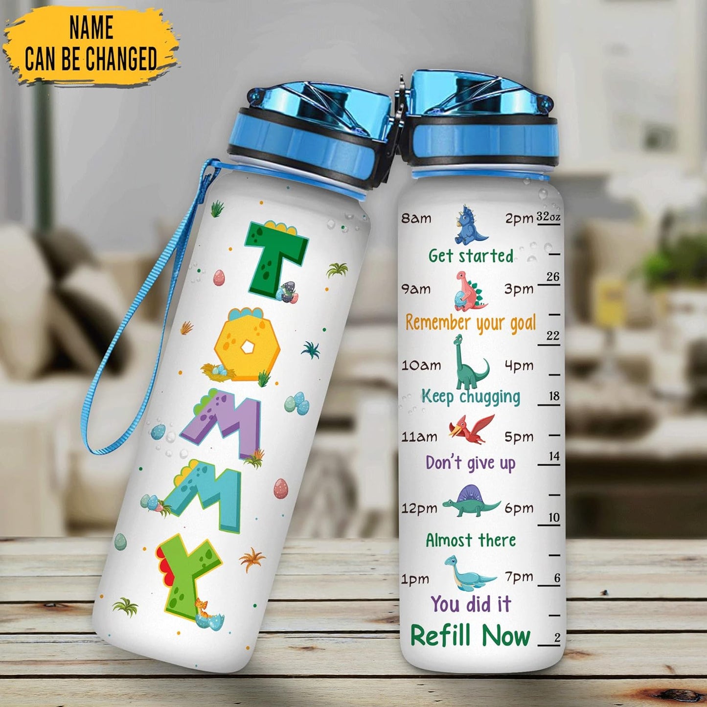 Cute Dinosaur Theme Water Bottle Tracker 32oz – Personalized Motivational Bottle with Time Marker – Fun Gift for Dino Lovers