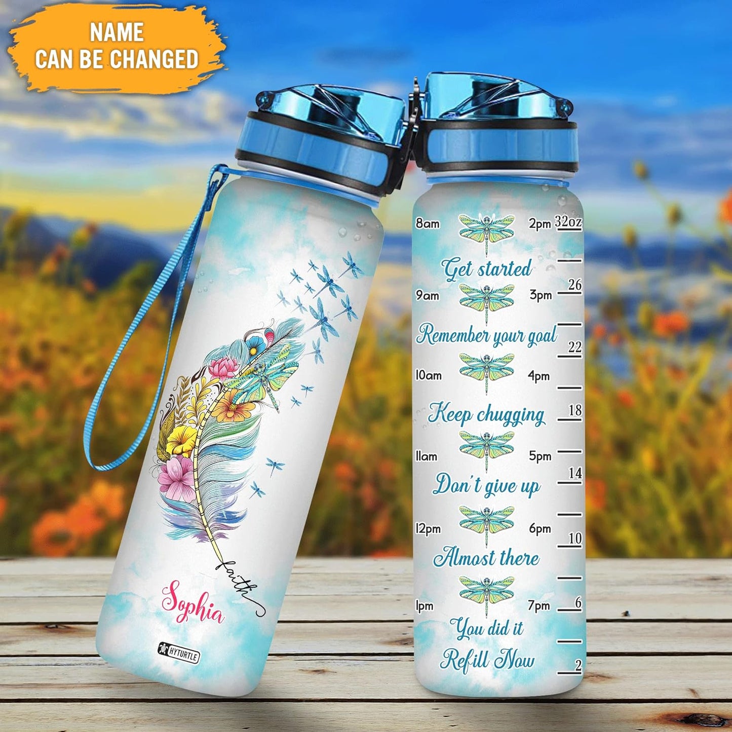 Floral Dragonfly Feather - Personalized Water Tracker Bottle 32oz